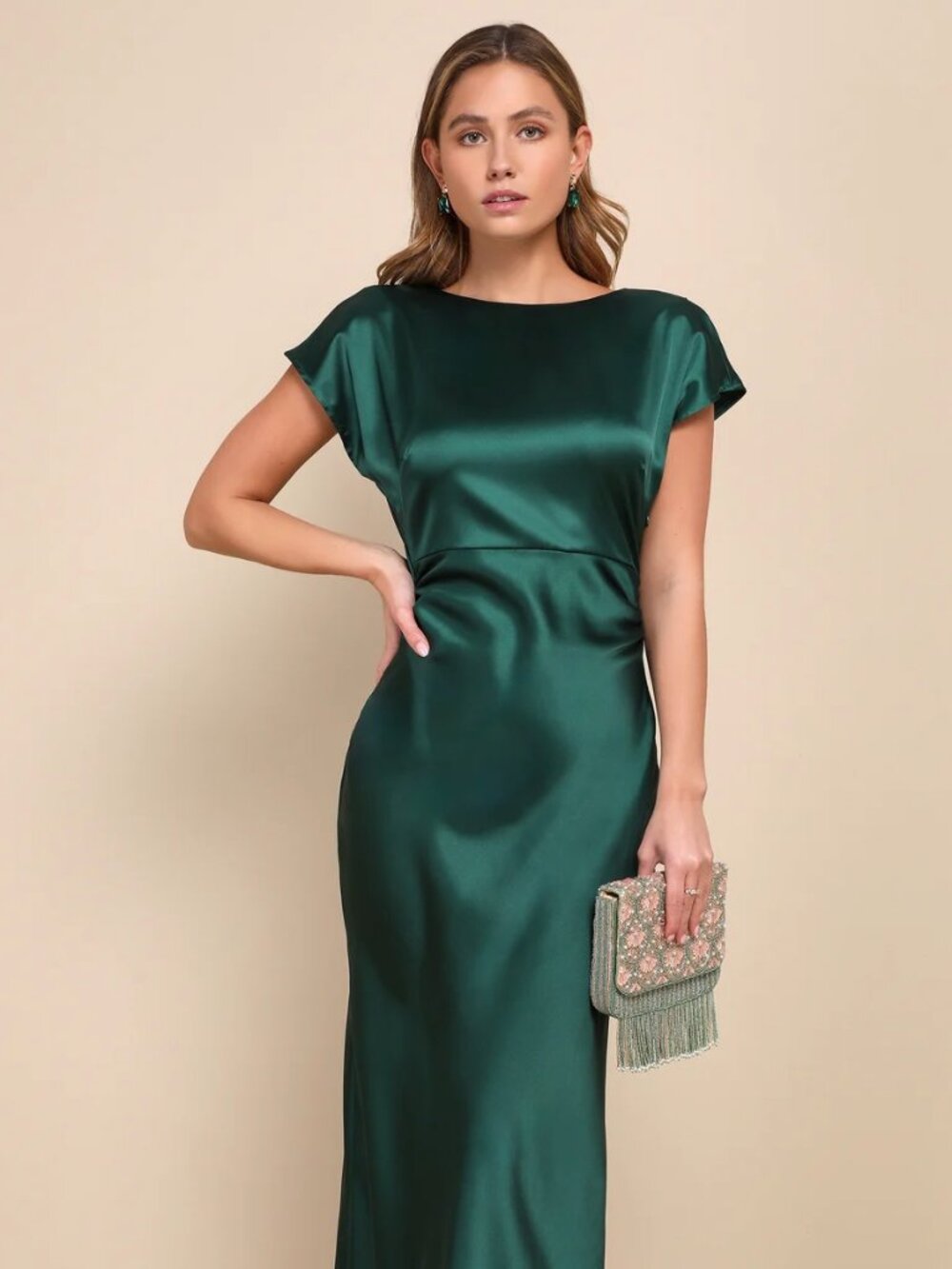Lulu's Captivating Presence Forest Green Satin Cowl Back Maxi Dress